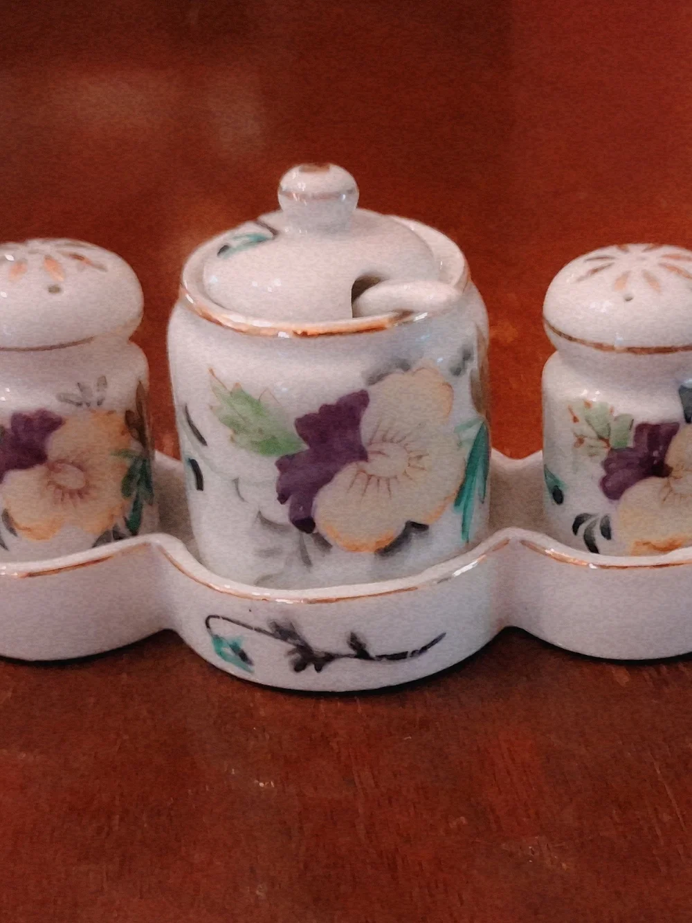 Noritake Floral Porcelain Condiment Set in White, Purple, Green, Gold Trim